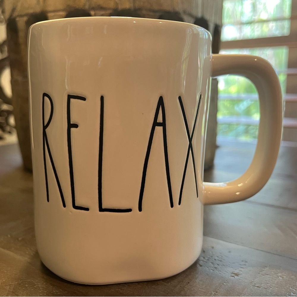 Rae Dunn ‘RELAX’ White Ceramic Mug with Aqua Blue Interior